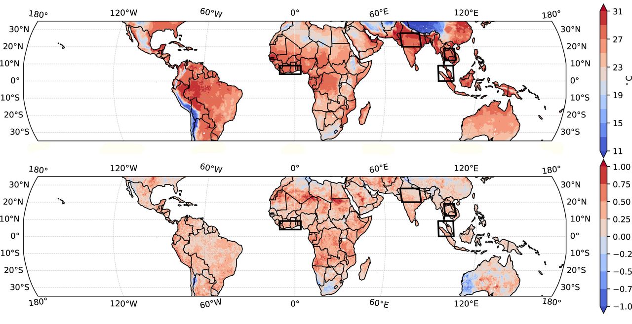 Mapas de los trópicos que muestran las temperaturas máximas anuales del termómetro húmedo predichas por los autores para el próximo verano, teniendo en cuenta las condiciones actuales de El Niño y el calentamiento global (arriba) y el efecto incremental debido solo a El Niño (abajo). Se predice que las áreas más rojas tendrán las temperaturas del termómetro húmedo más altas, una medida de los efectos combinados de la humedad y la temperatura. Los cuadros negros describen las regiones que se analizaron con más detalle. Crédito: Yi Zhang, UC Berkeley