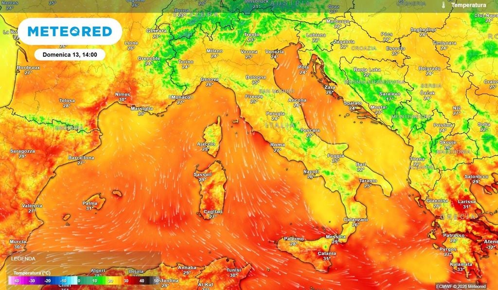 Temperature massime Temperature massime previste per la prossima domenica.