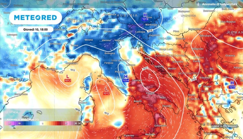 Le anomalie di temperatura in Italia nella giornata di giovedì: avremo una spaccatura netta tra nord e sud.