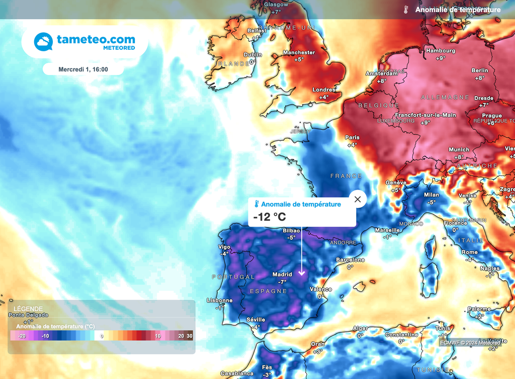 Chaleur sur le nord-est de la France et en Allemagne, froid en Espagne.
