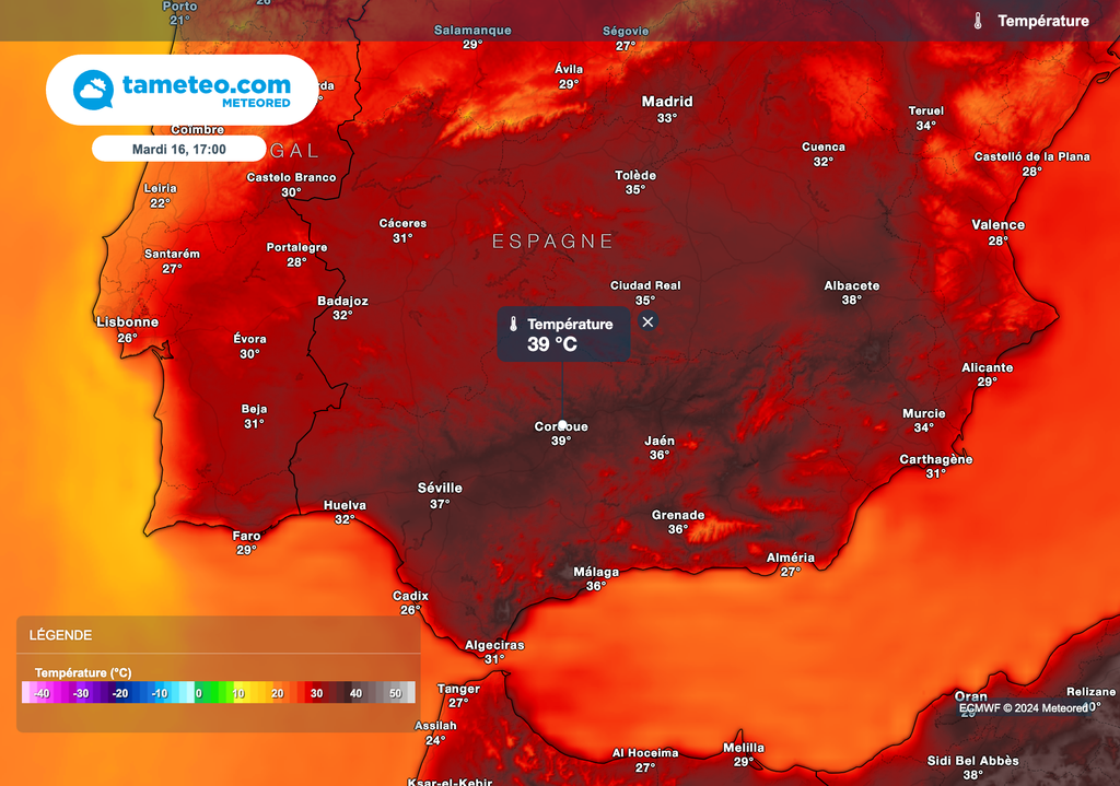 39°C attendus à Cordoue cet après-midi dans le sud de l'Espagne. 39°C attendus à Cordoue cet après-midi dans le sud de l'Espagne.