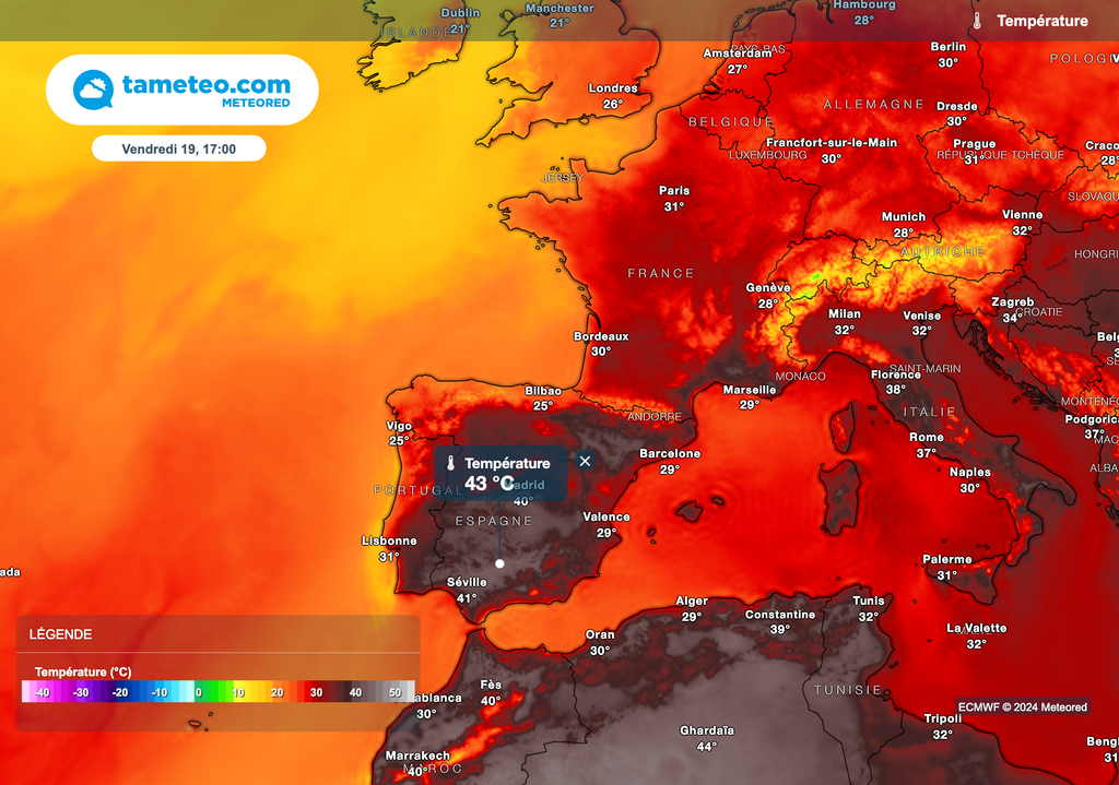 Des pointes à 44/45 degrés sont possibles vendredi après-midi dans le sud de l'Espagne. Des pointes à 44/45 degrés sont possibles vendredi après-midi dans le sud de l'Espagne.