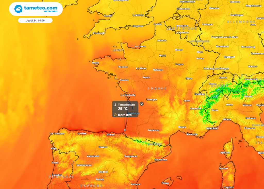 Jeudi après-midi, les maximales seront agréables avec une vingtaine de degrés possibles au nord et jusqu'à 25°C au sud-ouest.