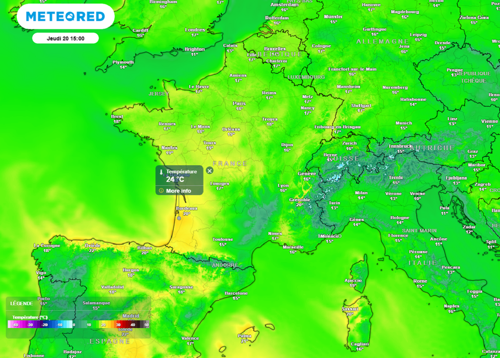 Lors de ce pic de douceur, le seuil de chaleur (25°C) sera localement approché en Aquitaine. Lors de ce pic de douceur, le seuil de chaleur (25°C) sera localement approché en Aquitaine.