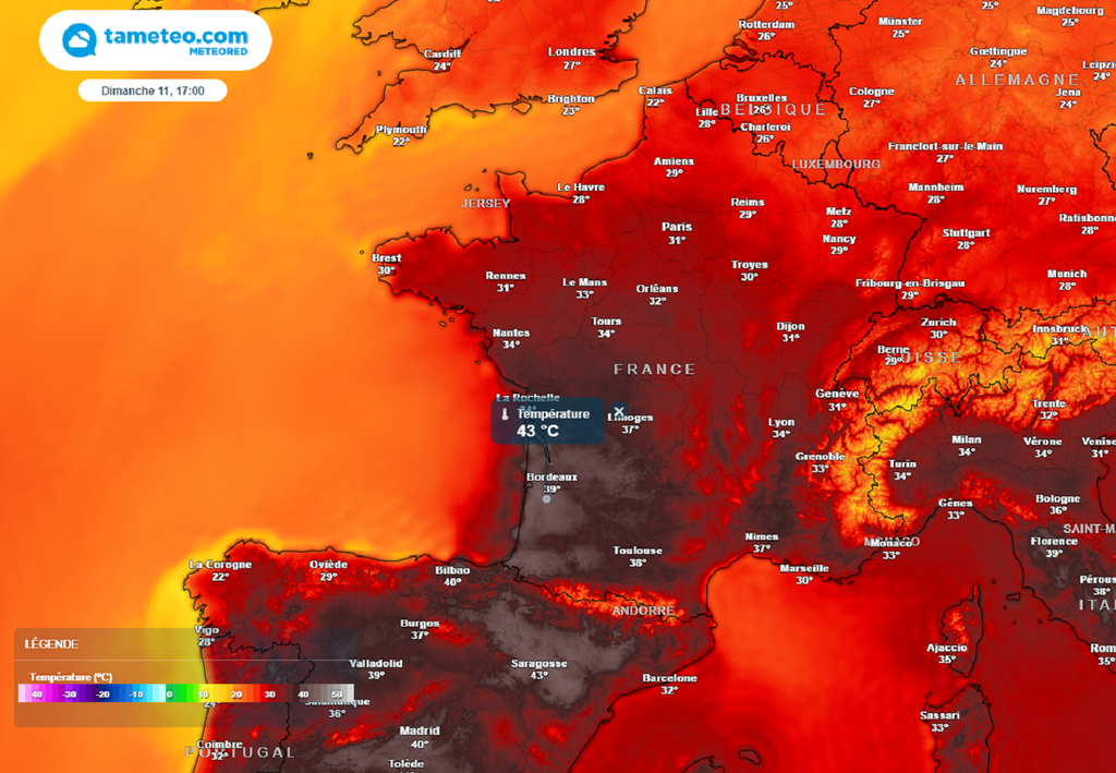 C'est une véritable fournaise qui est attendue dimanche après-midi avec souvent plus de 40°C dans le sud-ouest ! C'est une véritable fournaise qui est attendue dimanche après-midi avec souvent plus de 40°C dans le sud-ouest !