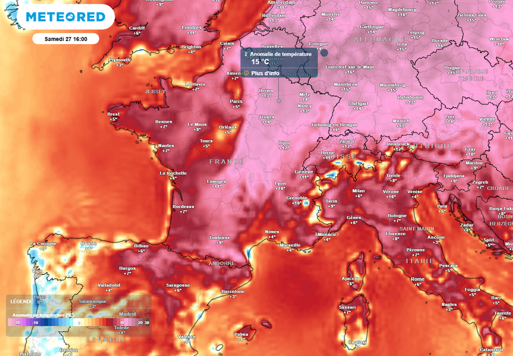 Samedi, les valeurs seront parfois supérieures de 15°C aux normales de saison dans l'est.