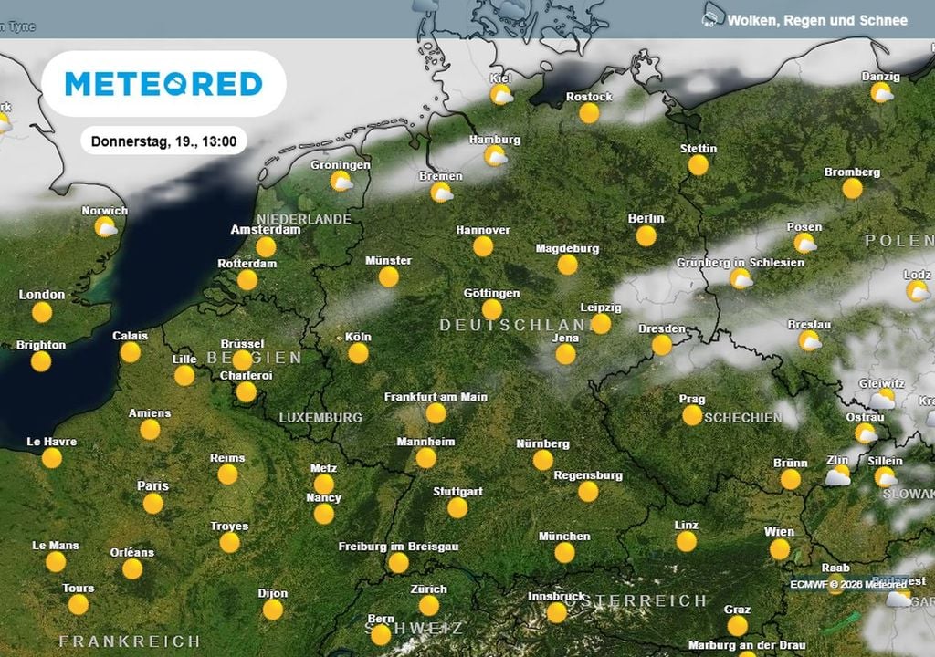 Die Wetterlage am Donnerstag: viel Sonnenschein und wieder steigende Temperaturen.