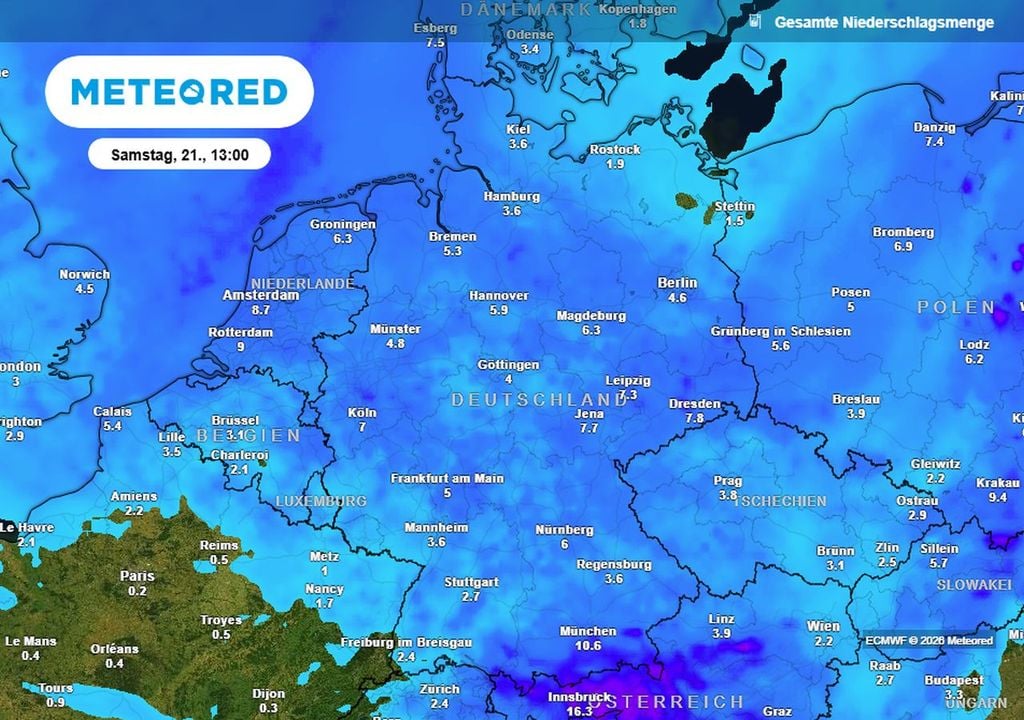 Die Regensummen bis Samstag: es wird nicht sonderlich viel Regen erwartet.