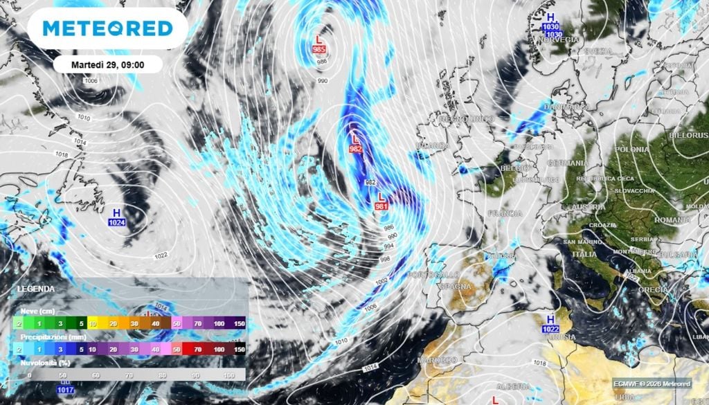 Immagine lo stato della tempesta alle ore 9 di questa mattina, martedì 29 settembre. Il valore segnato era di circa 981 hPa a livello del mare. ECMWF-MeteoRed