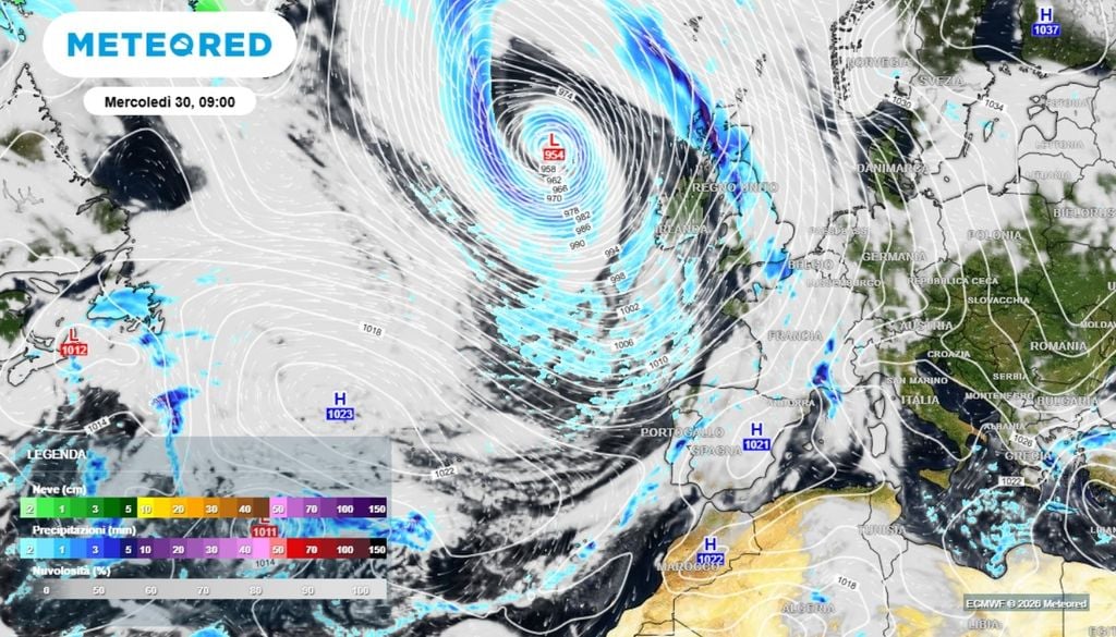 In questa immagine, vediamo la proiezione per le 9:00 di domani mattina, 30 settembre 2026. Il valore di pressione previsto al suolo sarà di 954 hPa, con un divario superiore a 24 hPa nelle 24 ore. ECMWF-MeteoRed