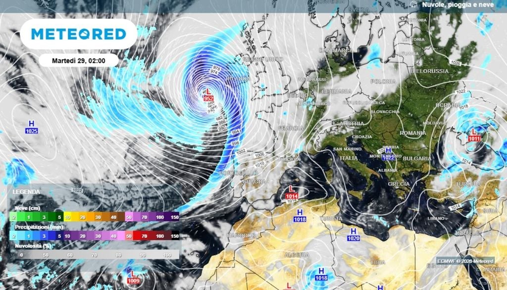 La lacuna barica che continuerà ad insistere sul Mediterraneo centrale, verrà alimentata di nuovo dagli impulsi instabili o perturbati inviati dalla profonda depressione atlantica. ECMWF MeteoRed