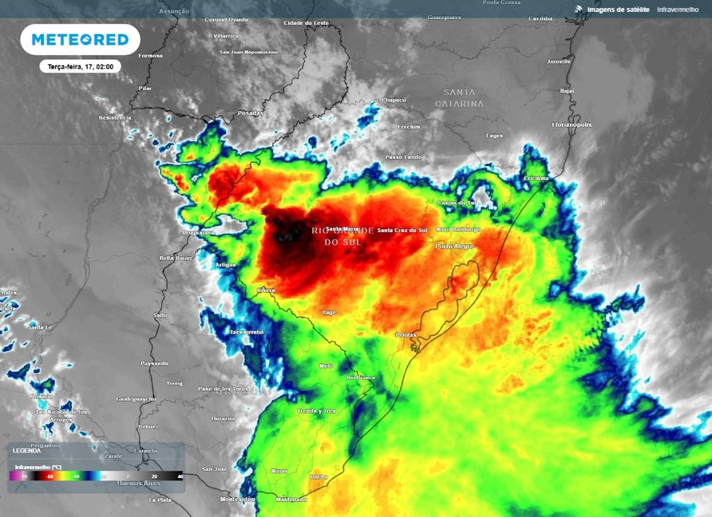 Imagem do canal infravermelho para as 2h da manhã desta terça-feira (17) a bordo do satélite GOES-19. Imagem do canal infravermelho para as 2h da manhã desta terça-feira (17) a bordo do satélite GOES-19.