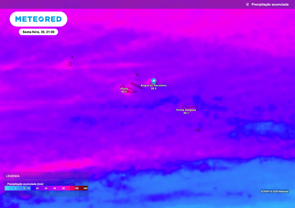 A passagem de sistemas frontais associados à depressão Joseph origina períodos de chuva persistente, com acumulados significativos em várias ilhas ao longo dos próximos dias