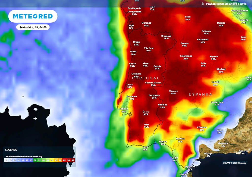 Na madrugada de sexta-feira (13) uma nova frente muito ativa aumentará a probabilidade de precipitação para quase 100% em grande parte do país, mas nas horas seguintes a probabilidade de chover diminuirá gradualmente.