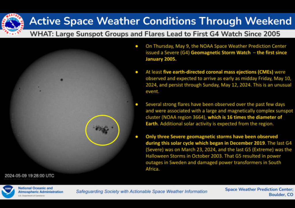 Esse é a maior tempestade solar desse atual pico em 2024. Crédito: NOAA