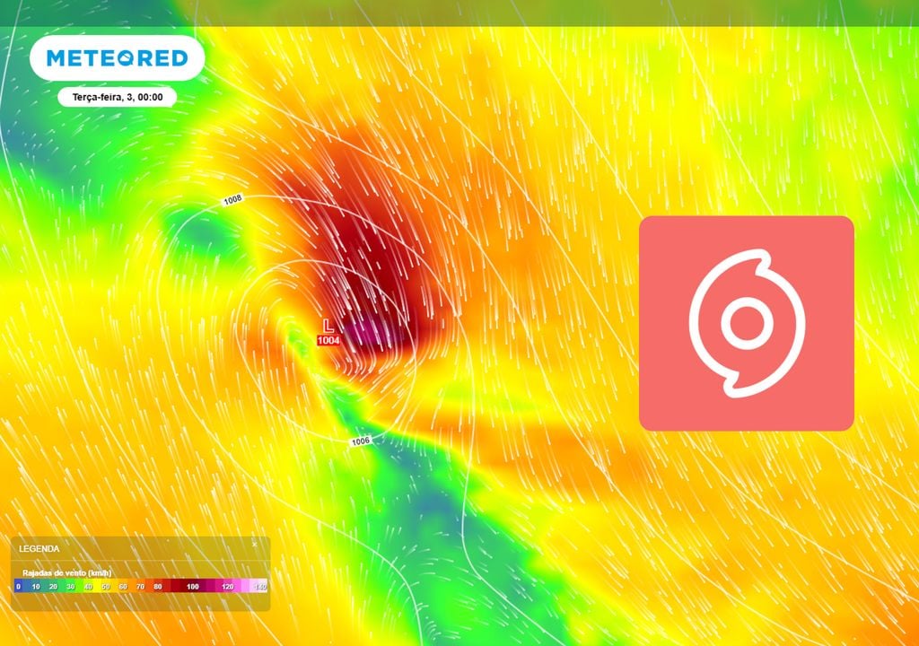 Previsão de pressão e vento no início desta terça-feira. Previsão de pressão e vento no início desta terça-feira mostra a Tempestade Subtropical batizada como Caiobá sobre o Oceano Atlântico Sul, com rajadas de até 108 km/h.