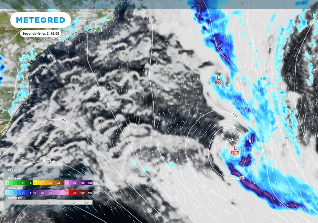 Previsão de pressão, nebulosidade e chuva nesta segunda-feira durante a tarde. Previsão de pressão, nebulosidade e chuva nesta segunda-feira durante a tarde já mostra que a tempestade subtropical Caiobá está bastante distante do continente. Ela não atingirá o Brasil.