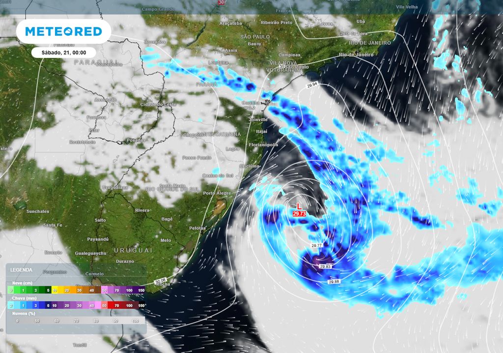 Previsão de nebulosidade, chuva, particulas de vento e pressão no início do Sábado.