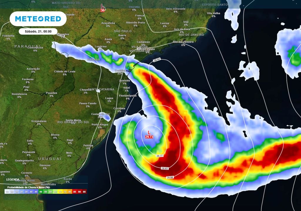 Previsão de probabilidade de chuva no início do sábado.