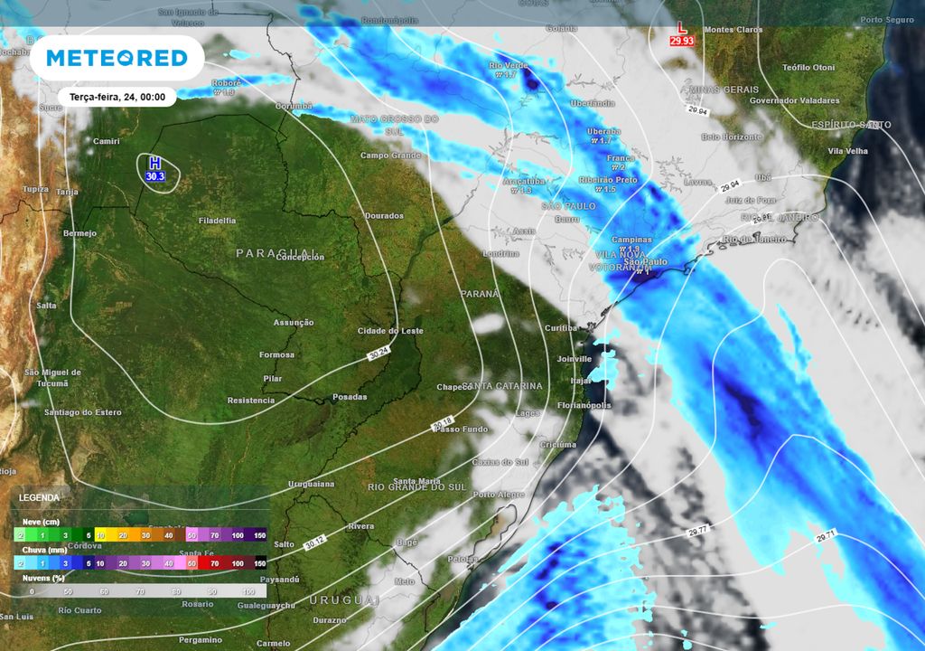 Previsão de nebulosidade, pressão e chuva no final da segunda-feira.