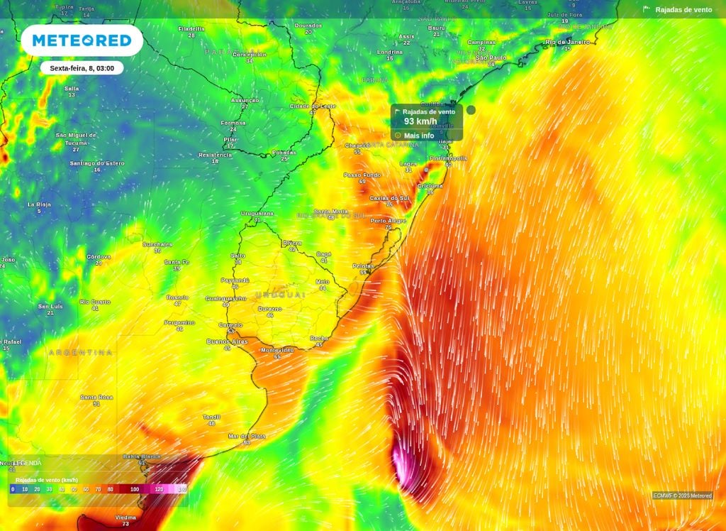 Previsão das rajadas de vento para o Sul do Brasil na madrugada desta sexta-feira (8). Ventos podem superar os 100 km/h e provocar estragos.