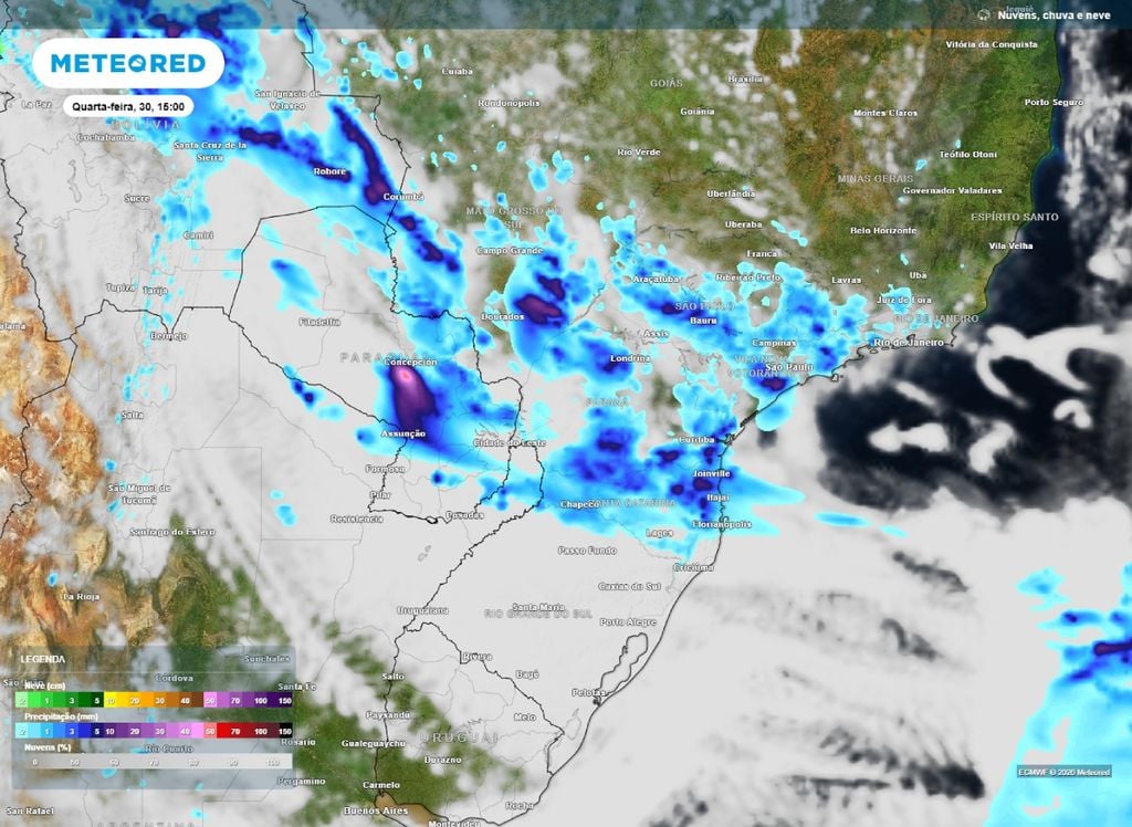Chuva Previsão de chuva e nebulosidade para a tarde de quarta-feira (30), de acordo com o modelo ECMWF.
