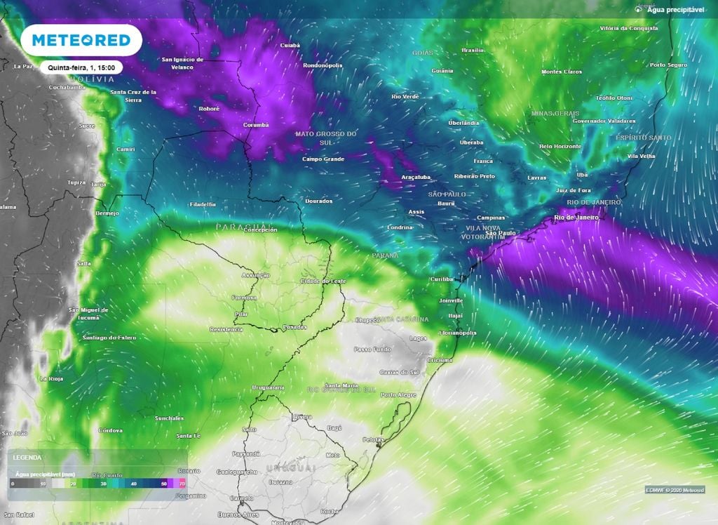 Água precipitável. Mapa de água precipitável destaca Sudeste e Centro-Oeste do país. As duas regiões possuem nívels altos de água na atmosfera favorecendo a ocorrência de chuvas volumosas e intensas.