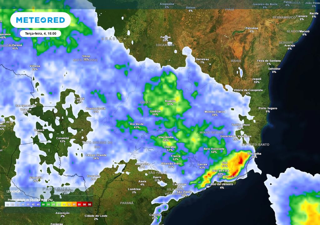 Previsão de probabilidade de chuva na terça-feira durante a tarde.