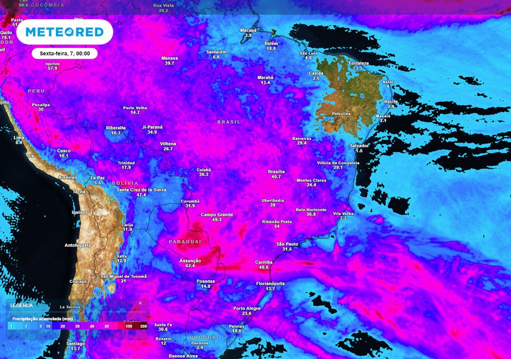 Previsão de acumulados totais de chuva até o início da sexta-feira no Brasil.