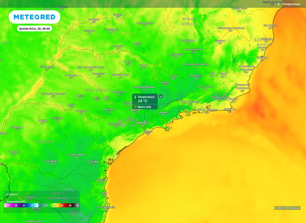 Temperatura mínima prevista para o Sudeste na manhã desta quinta-feira (20). Temperatura mínima prevista para o Sudeste na manhã desta quinta-feira (20).