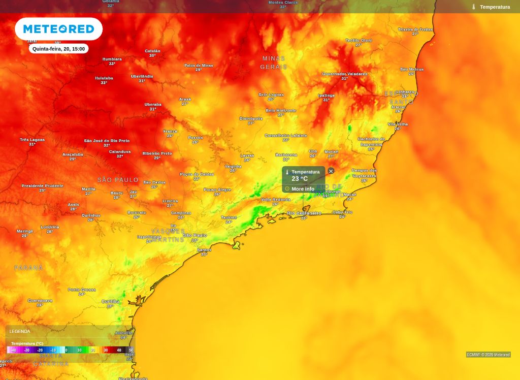 Temperatura máxima prevista para o Sudeste na tarde de quinta-feira (20). Temperatura máxima prevista para o Sudeste na tarde de quinta-feira (20).