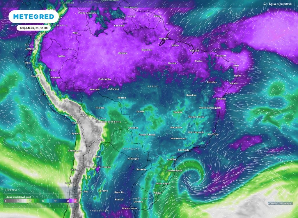 O mapa de água precipitável ajuda a entender quais as áreas mais úmidas na tarde desta terça-feira (31). Nordeste e Norte do Brasil ficam em evidência.