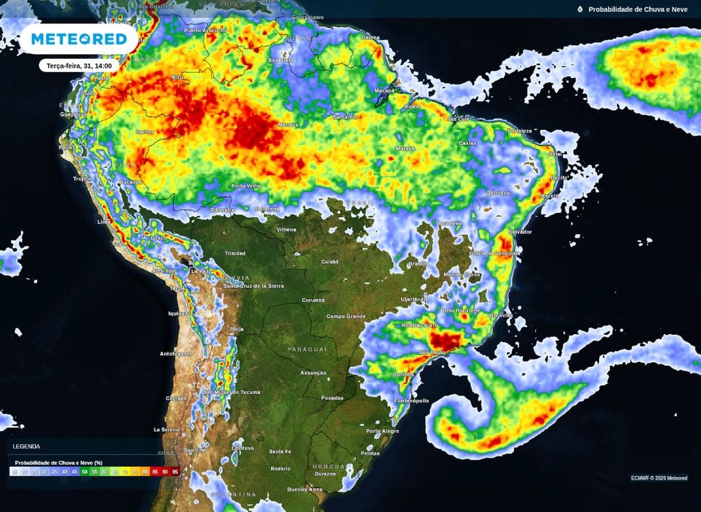 Mapa de probabilidade de chuva para a tarde desta terça-feira (31), destaca áreas do Sudeste e Norte do Brasil.