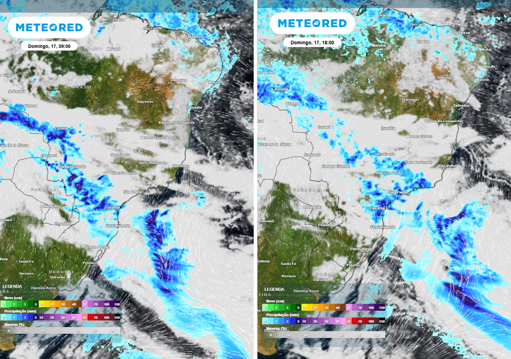 Previsão de precipitação (em mm) e nebulosidade para domingo (17) de manhã (9h) à esquerda e de tarde (18h) à direita , segundo o modelo europeu ECMWF.