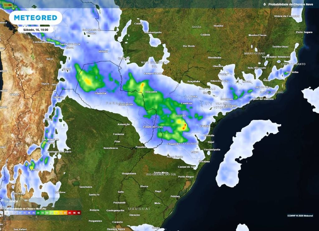 Previsão da probabilidade de precipitação (%) para sábado (16) à tarde (15h), segundo o modelo europeu ECMWF.