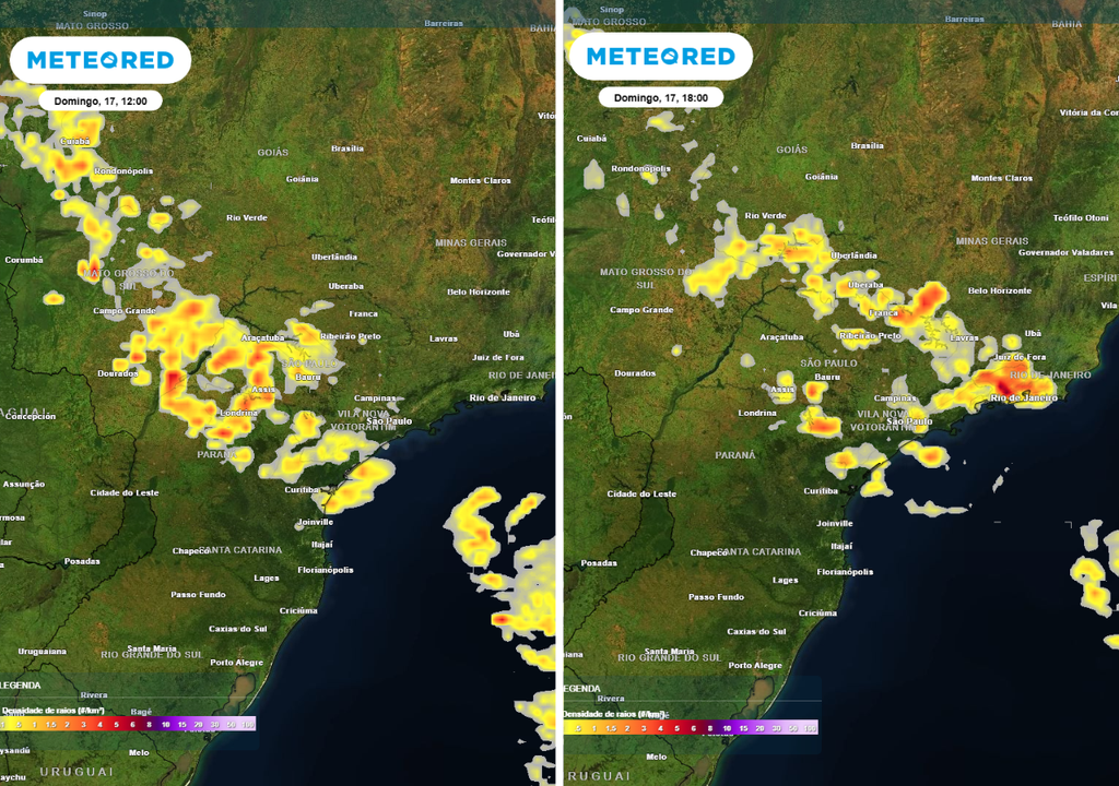 Previsão de densidade de raios (descargas elétricas) para domingo (17) às 12h à esquerda e à tarde (18h) à direita, segundo o modelo europeu ECMWF, destacando as áreas com chance de tempestades.
