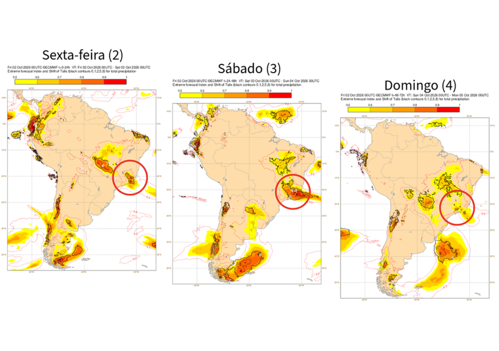 EFI do modelo ECMWF para a precipitação entre sexta (2) e domingo (4). Créditos: Meteored/Com mapas do ECMWF. EFI do modelo ECMWF para a precipitação entre sexta (2) e domingo (4). Créditos: Meteored/Com mapas do ECMWF.