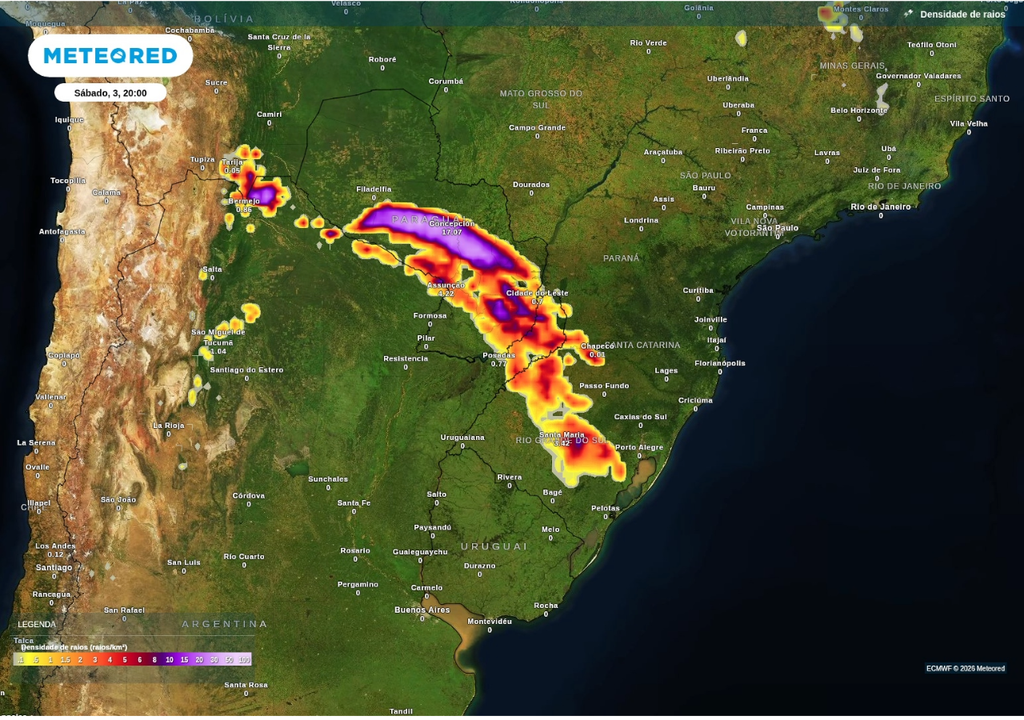 Previsão de tempestades intensas neste sábado (3), segundo o ECMWF. Previsão de tempestades intensas neste sábado (3), segundo o ECMWF.