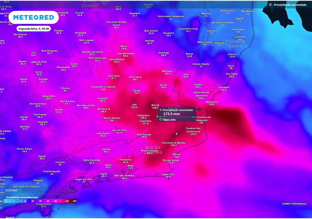 Previsão de chuva acumulada até o fim de domingo (4), segundo o ECMWF. Previsão de chuva acumulada até o fim de domingo (4), segundo o ECMWF.