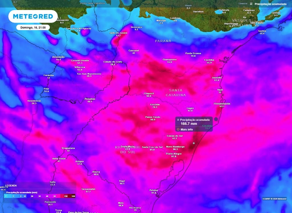 Precipitação Acumulada. Mapa de precipitação acumulada até o final da noite de domingo (16).