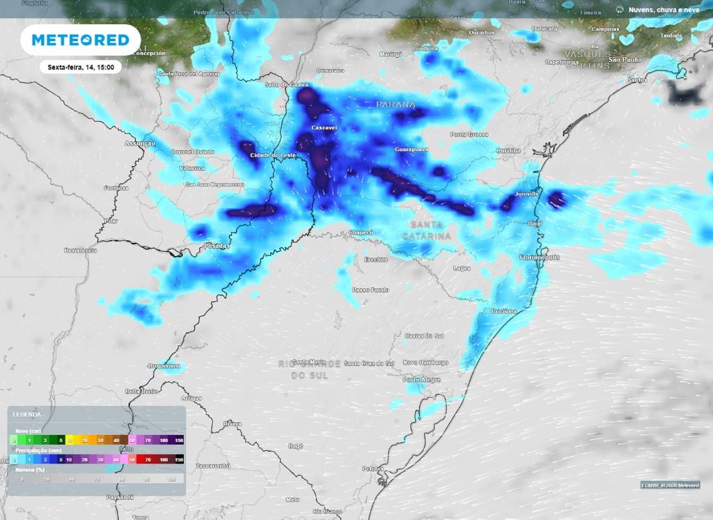 Precipitação. Mapa de chuva e nebulosidade para a tarde de sexta-feira (14).