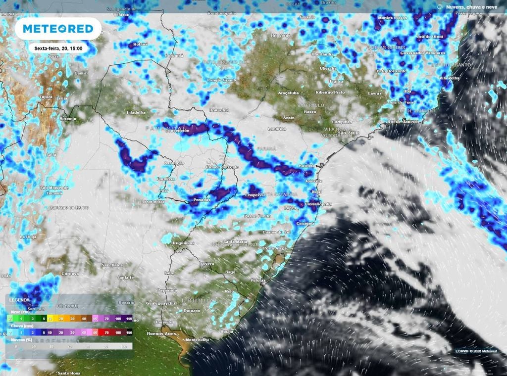 Previsão de precipitação (em mm) para a sexta-feira (20) à tarde (15h), segundo o modelo europeu ECMWF.