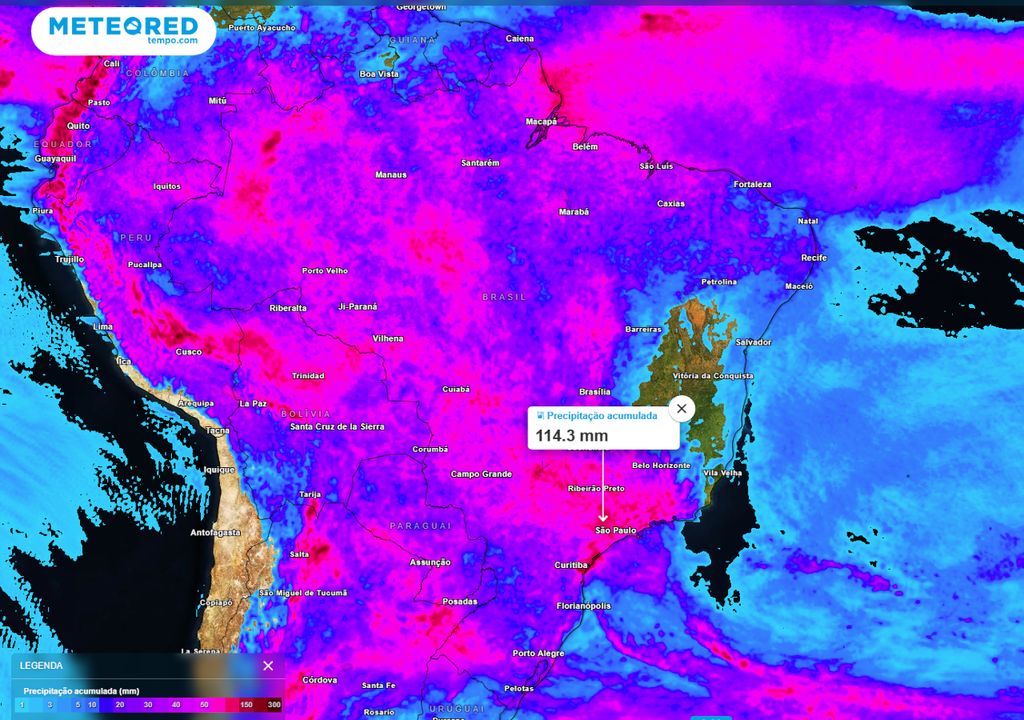 Acumulados de chuva previstos até o Domingo (14).