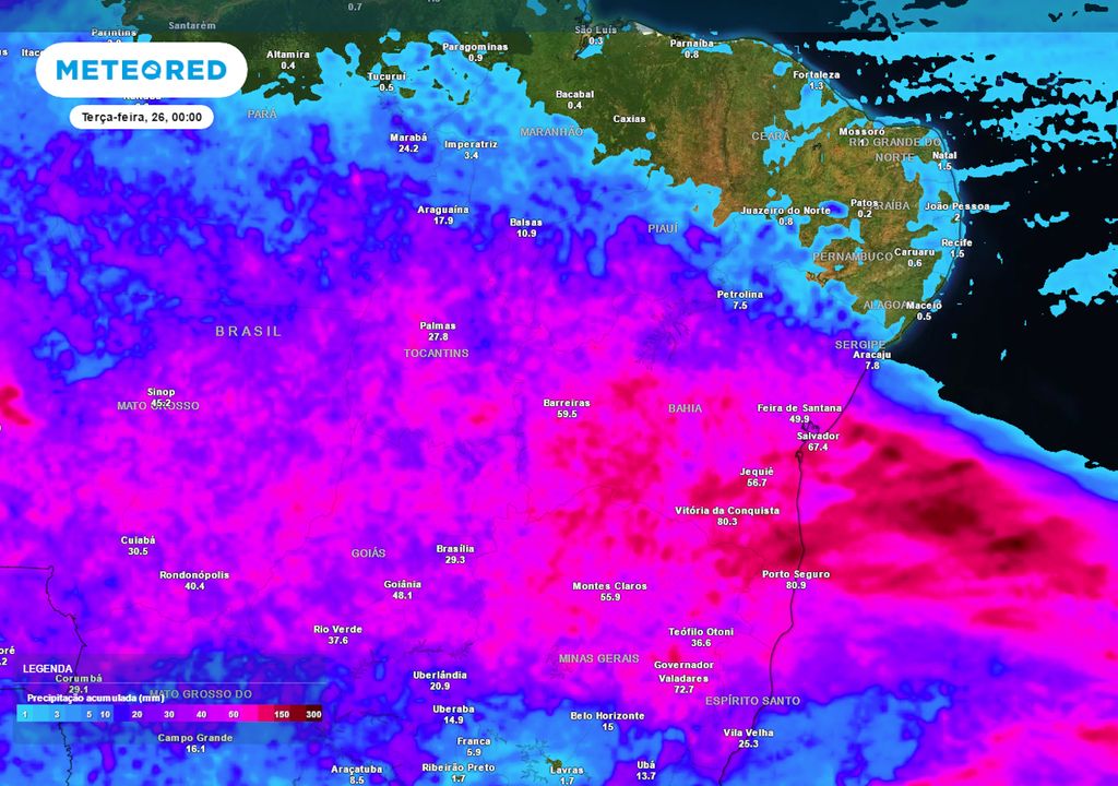 Previsão de acumulados de chuva até o final da segunda-feira.