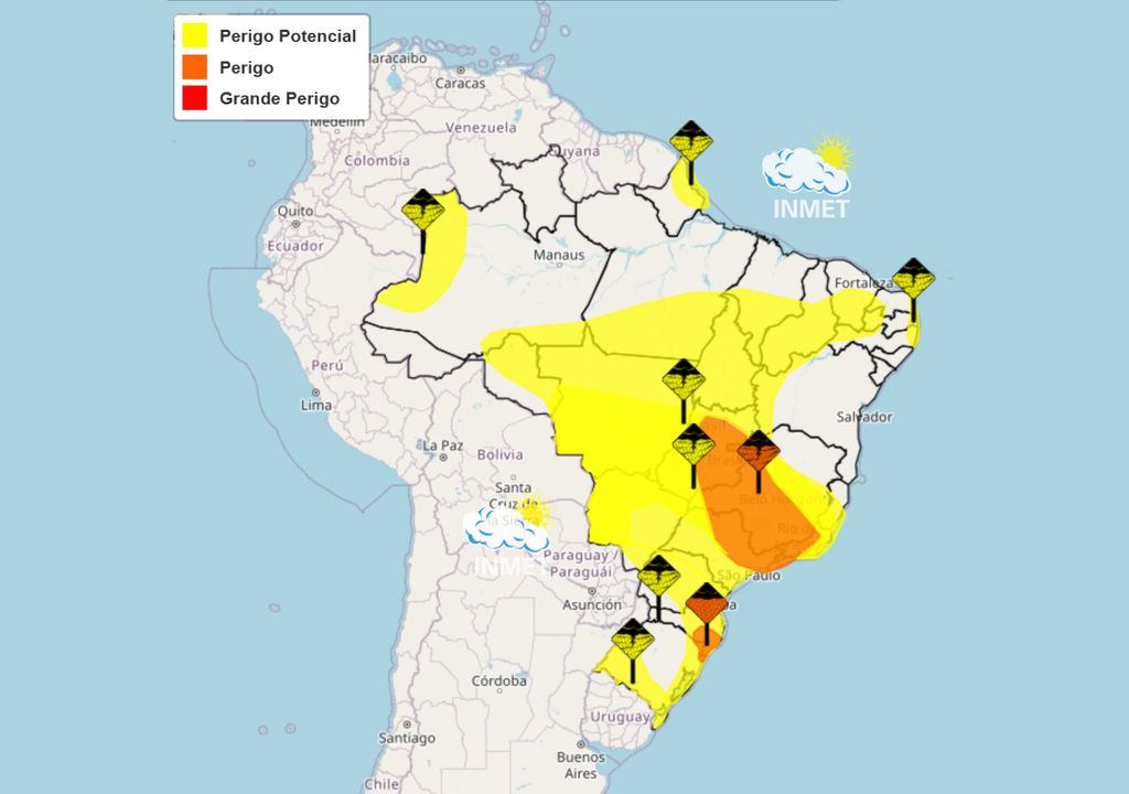 Mapa de avisos emitidos pelo INMET nesta quarta-feira de tarde.