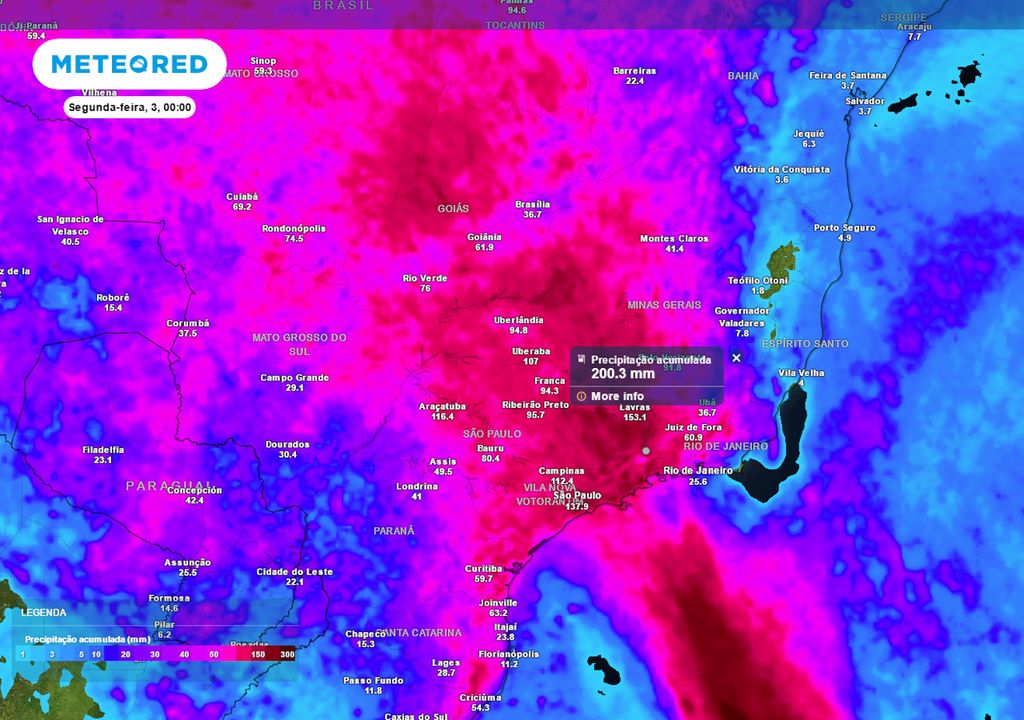 Previsão de acumulados totais de chuva até o domingo.