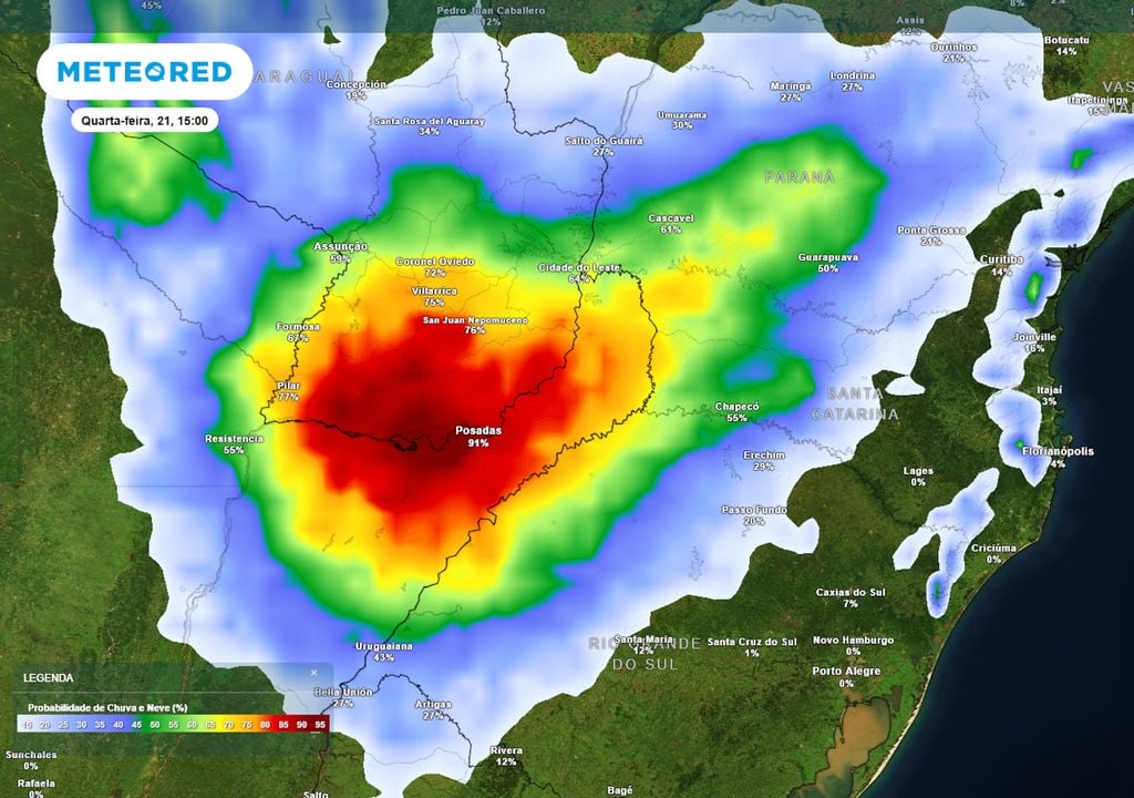 Previsão de probabilidade de chuva na quarta-feira. Previsão de probabilidade de chuva na quarta-feira mostra que uma região de baixa pressão voltará a ocasionar tempestades sobre o oeste do RS, de SC e do PR já nesta quarta-feira.