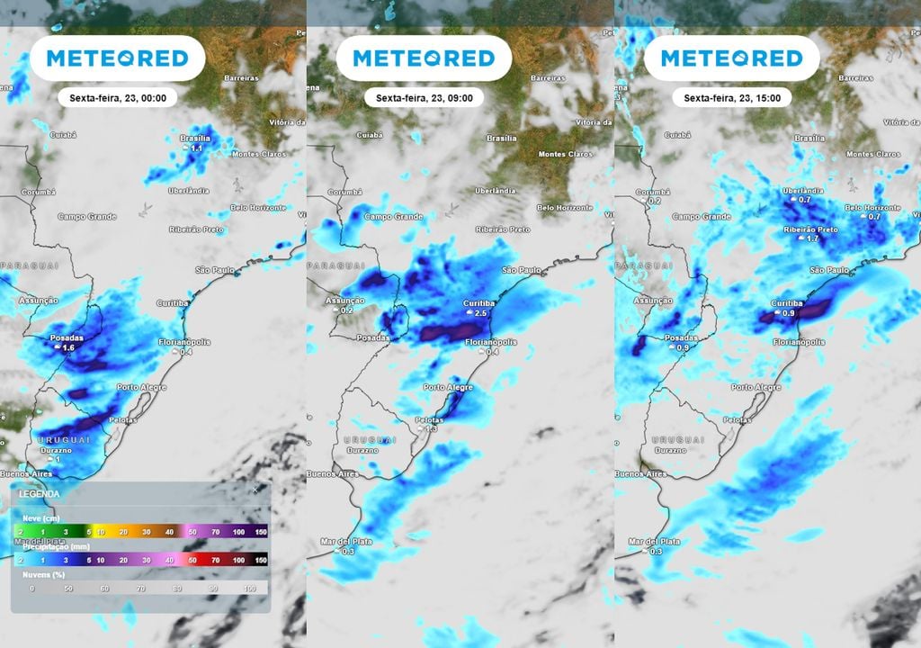 Previsão de Nebulosidade e Chuva ao longo da sexta-feira. Previsão de Nebulosidade e Chuva ao longo da sexta-feira mostra pancadas de chuva se formando sobre todo o centro-sul do país, incluindo estados como RS, SC, PR, MS, SP, RJ, MG e ES.