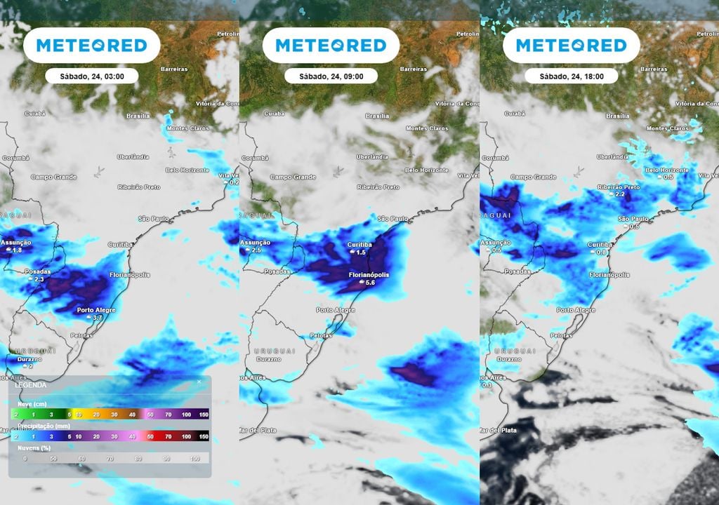 Previsão de Nebulosidade e Chuva ao longo do sábado. Previsão de Nebulosidade e Chuva ao longo do sábado mostra pancadas de chuva se formando sobre todo o centro-sul do país, incluindo estados das regiões Sul, Sudeste e Centro-Oeste.