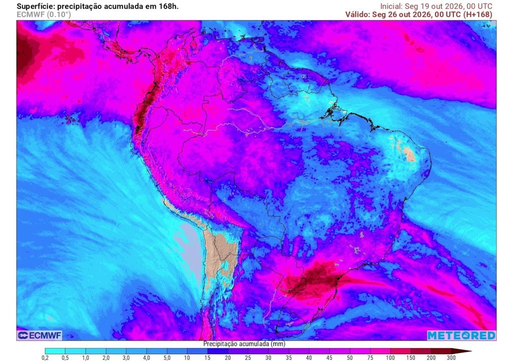 Previsão de acumulados totais de chuva até o final do domingo. Previsão de acumulados totais de chuva até o final do domingo mostra, que, em estados como RS, SC, PR, MS e SP, os volumes podem chegar a valores entre 200 e 300 mm totais.